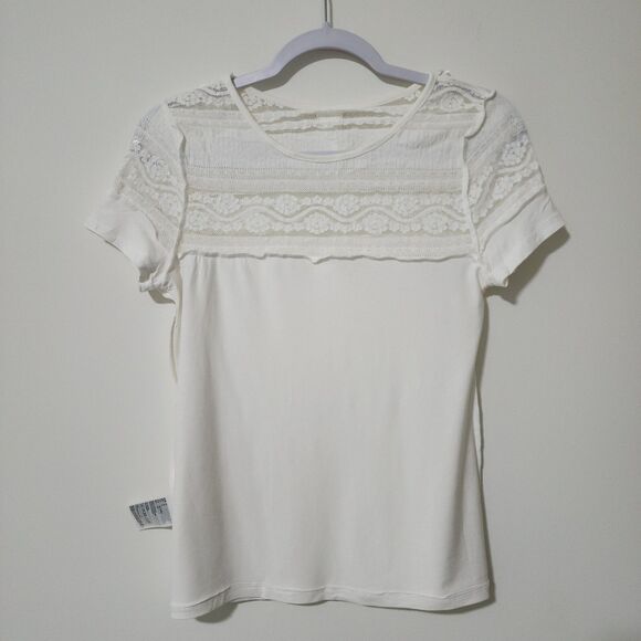 H&M Womens Yoke Lace Ruffle Top Ivory Jersey Short Sleeve Crew Neck Size S - Picture 5 of 11